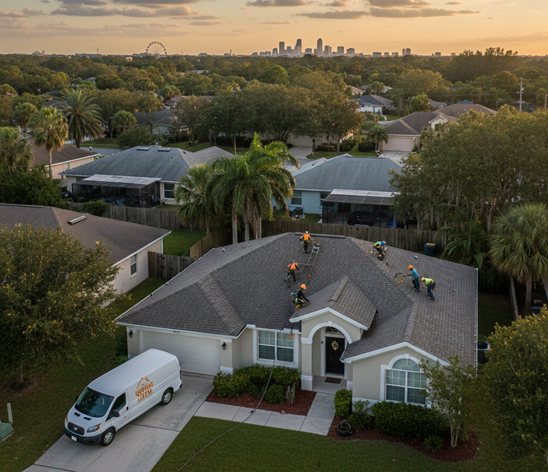 The Roofing Crew Central Florida roofing company crew working on residential roof