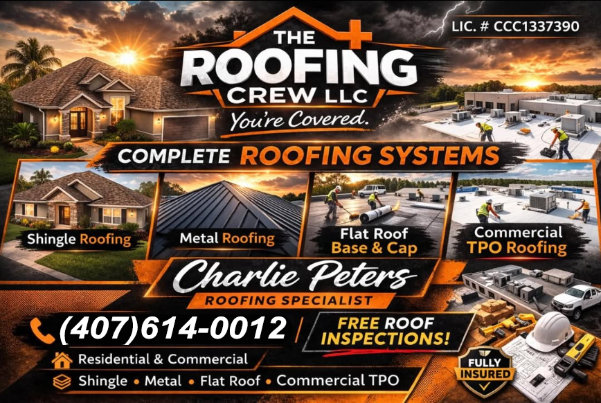 The Roofing Crew offers complete Roofing repair and replacement call Charlie Peters for a Free Roof Inspection